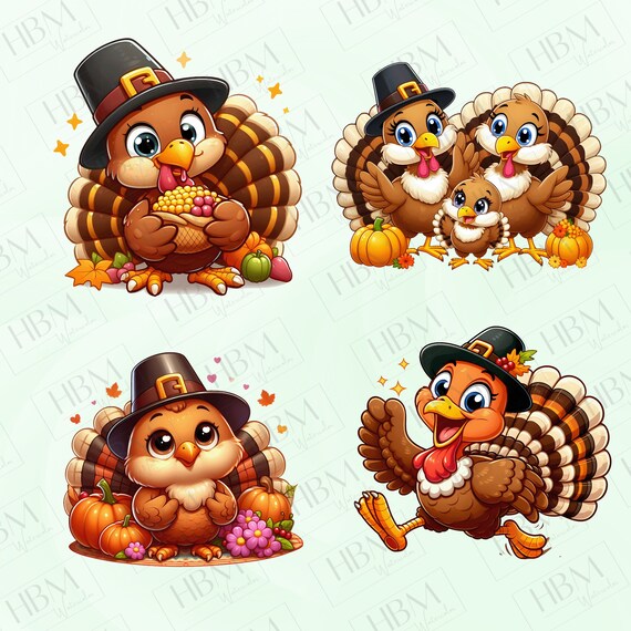 Bundle De Cliparts Dinde De Thanksgiving Dessin Animé Mignon, Impressions D'automne, Feuilles D'art Mural, Citrouille PNG Pour Les Invitations De Saison, Usage Commercial - France