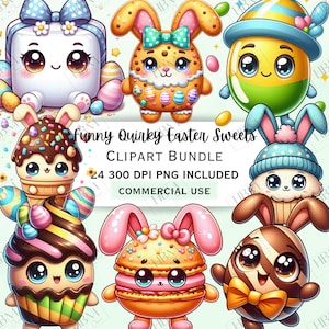 Funny Cartoon Easter Sweets Clipart Bundle, Comical Dessert Treats Sticker, Adorable Cookies, Whimsical Chocolate Eggs PNG, Commercial Use
