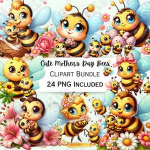24 schattige Moederdag bijen clipart bundel, cartoon insect sticker, schattige feestdecoraties, grillige PNG voor uitnodigingen, kaarten