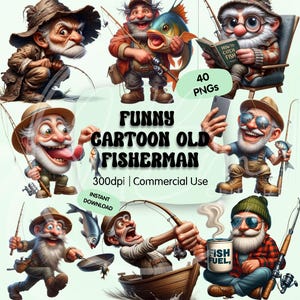 Divertente vecchio pescatore, pacchetto di clipart PNG per sublimazione, grafica stravagante del nonno pescatore, download digitale