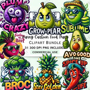 Funny Cartoon Food Puns Clipart Bundle, Fruit Sayings Sticker, Humourous PNG Quote,  Hilarious Sarcastic Vegetable Graphic, Commercial Use