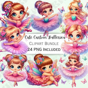 Bundle de cliparts dessin animé mignon ballerine, autocollant tutu de danse, adorables décorations de ballet, PNG fantaisiste pour invitations, carte de voeux