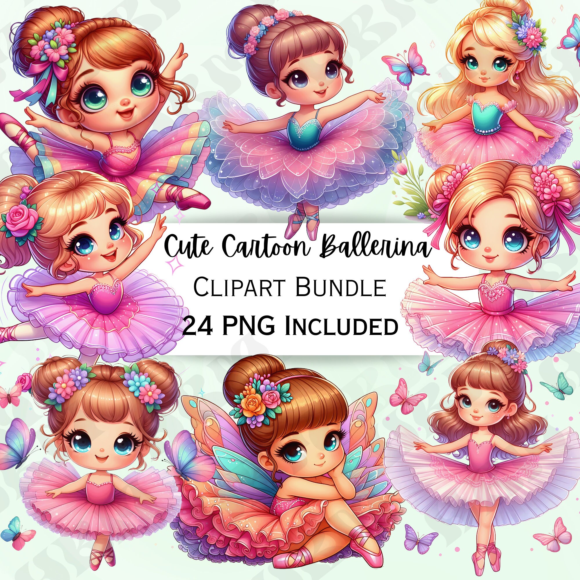 Cute Cartoon Ballerina Clipart Bundle, Dance Tutu Sticker, Adorable Ballet Decorations, Whimsical PNG for invitations, Greeting card