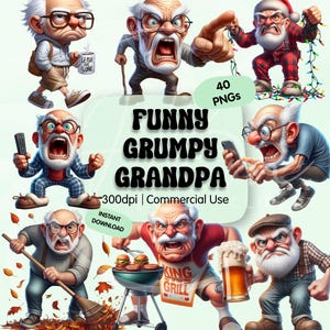 Può includere: Un'immagine di arte digitale con più illustrazioni di cartoni animati di un nonno scontroso in varie pose. L'immagine include il testo "FUNNY GRUMPY GRANDPA", "40 PNGs", "300dpi | Commercial Use" e "INSTANT DOWNLOAD".