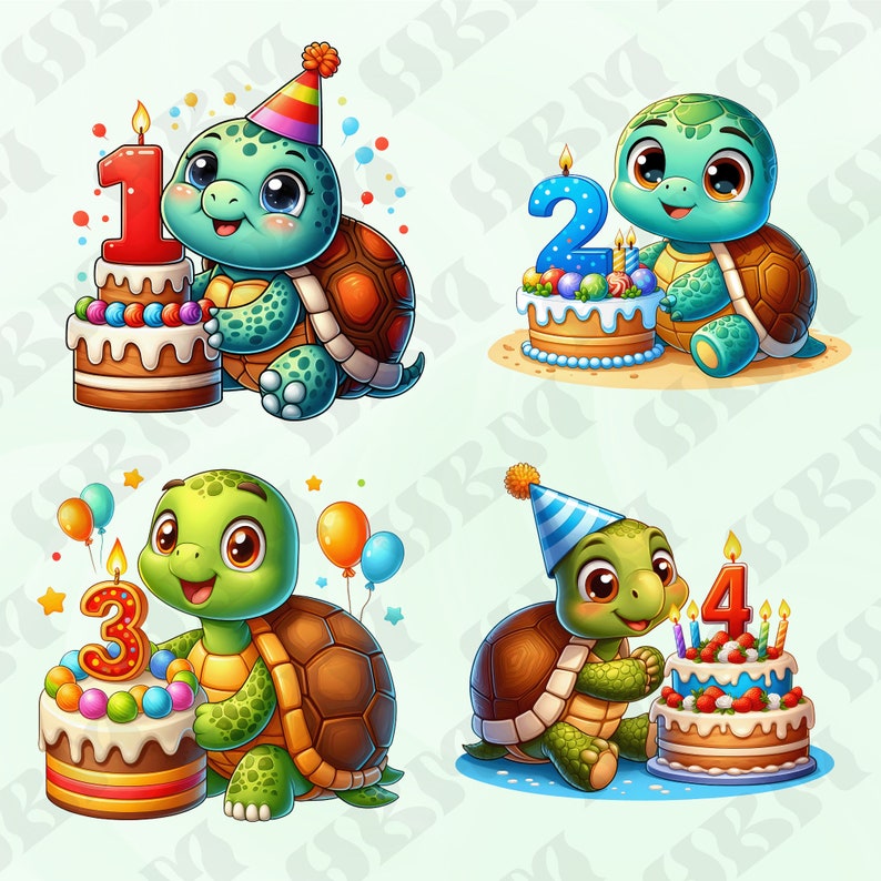Py Birthday 16 Cute Birthday Turtle Clipart Bundle, Cartoon Sticker, Adorable Party ...