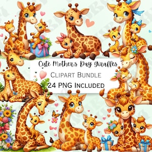 24 Cute Mother's Day Giraffe Clipart Bundle, Cartoon Balloon Sticker, Adorable Party Decorations, Whimsical PNG for invitations, cards