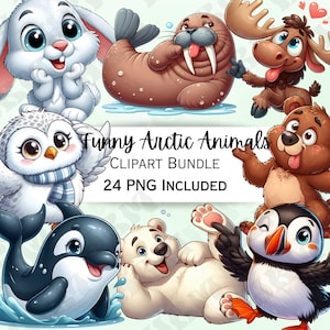 Bundle de cliparts drôles de bande dessinée animaux de l'Arctique, mignons autocollants spirituels, adorables décorations, PNG fantaisiste pour invitations et cartes de voeux