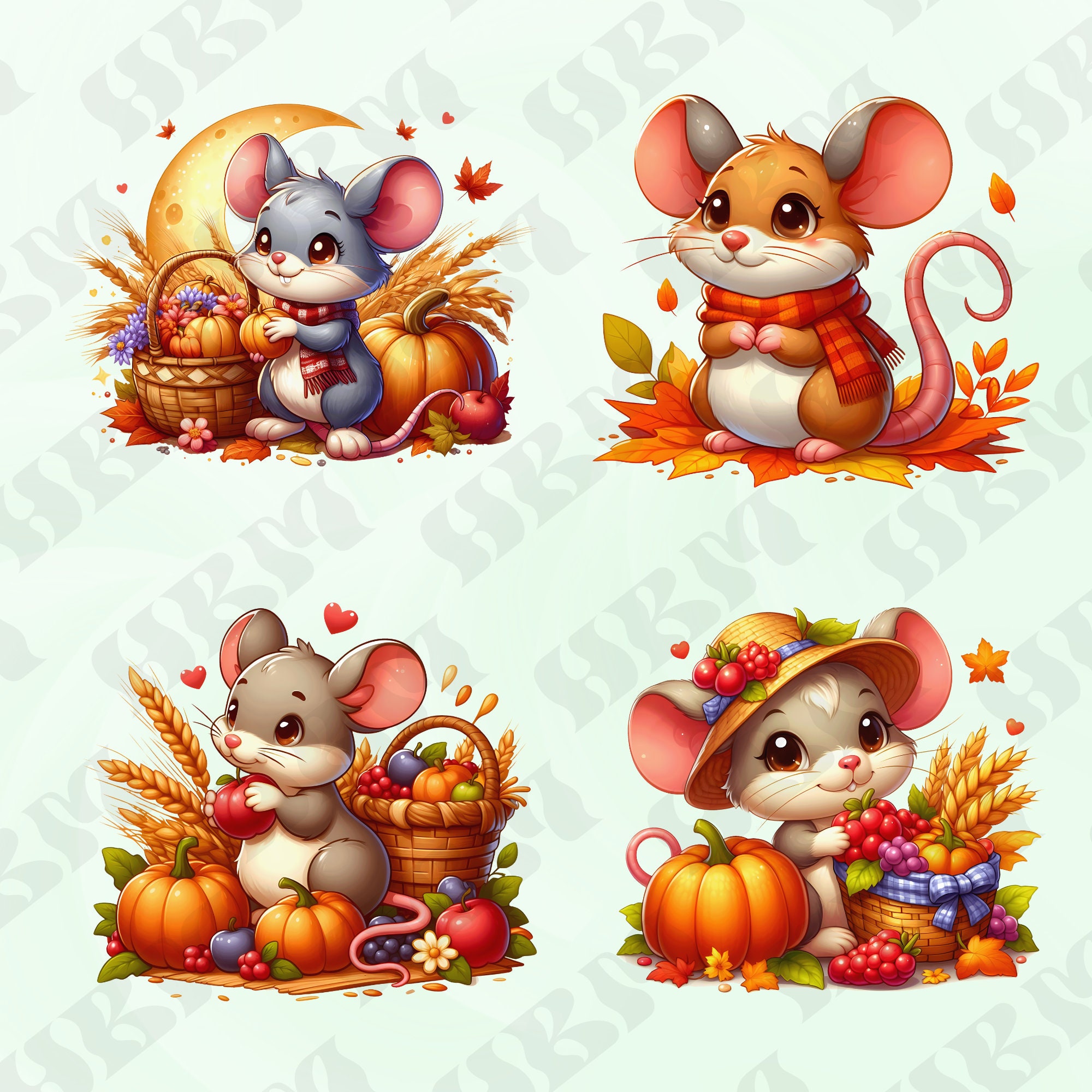 Cute Cartoon Autumn Mouse Clipart Bundle, Fall Nursery Decor