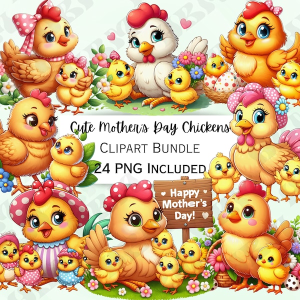 24 Cute Mother's Day Chickens Clipart Bundle, Cartoon Hen Sticker, Adorable Party Decorations, Whimsical PNG for invitations, cards