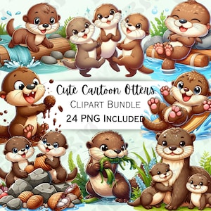 Lindo paquete de imágenes prediseñadas de nutrias de dibujos animados, pegatinas de vida silvestre, arte de pared de bebé adorable, PNG de animales para invitaciones, pegatinas, 24 ilustraciones