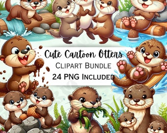 Cute Cartoon Otters Clipart Bundle, Wildlife Stickers, Adorable Baby Wall Art, Animal PNG for invitations, Stickers, 24 Illustrations