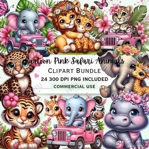 Niedliches Cartoon-Rosa Safari-Tiere Clipart-Bundle, Mädchen-Baby-Dusche, entzückende Dschungel-Dekorationen, wunderliche PNG für die Einladung, kommerzielle Nutzung