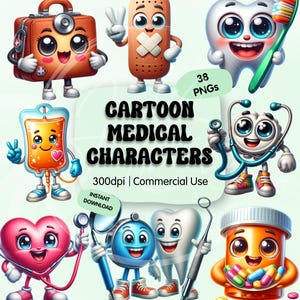 May include: A digital illustration featuring cartoon medical characters. The image includes a smiling first aid kit, bandage, tooth, blood bag, stethoscope, heart, dental mirror, pill bottle, and the text "Cartoon Medical Characters".