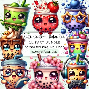 Bundle de cliparts mignon thé Boba, Bubble Tea de dessin animé Kawaii, graphismes originaux de boissons arc-en-ciel, personnages fantaisistes PNG, usage Commercial