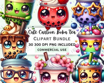 Puede incluir: Ilustración de tazas de té boba de dibujos animados. Cada taza tiene una cara linda y está decorada con varios ingredientes, como fresas, arándanos y flores. El texto dice "Cute Cartoon Boba Tea Clipart Bundle".