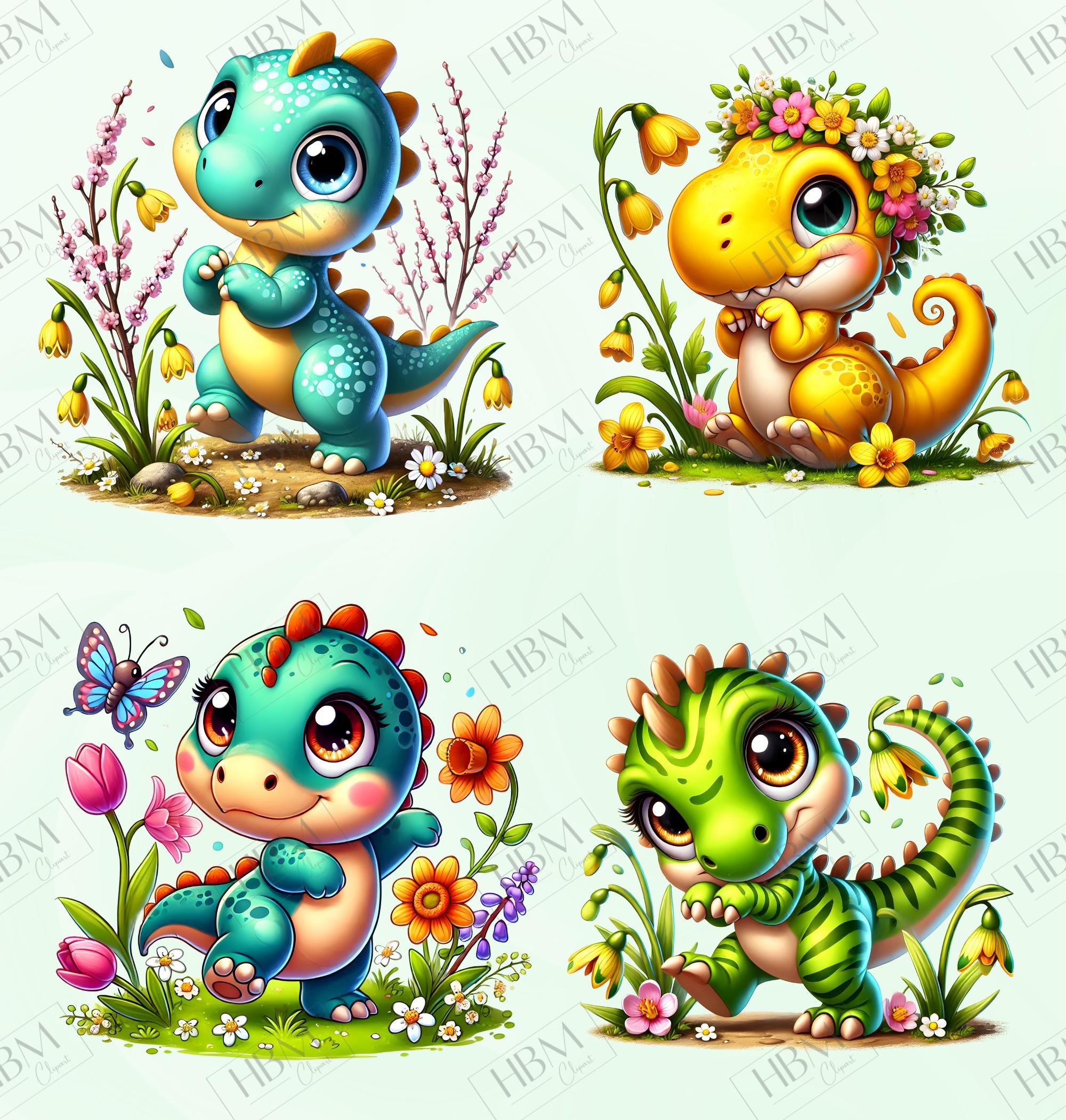 Spring Dinosaur Cute Spring Dinosaurs Clipart Bundle, Cartoon Jurassic Sticker ...