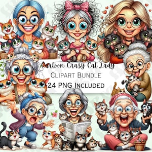 Funny Crazy Cat Lady Clipart Bundle, Witty Stickers, Whimsical Cartoon Feline PNG for Sublimation, Digital Download