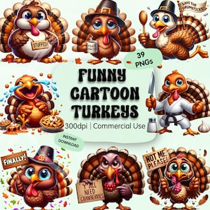Paquete de imágenes prediseñadas de pavos de dibujos animados divertidos, linda pegatina de Acción de Gracias de otoño, gráfico de pájaro divertido, arte digital de sublimación otoñal, uso comercial