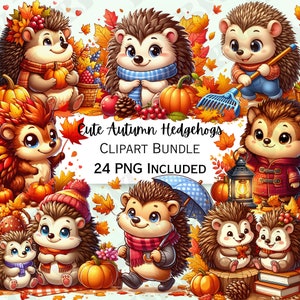 Schattige cartoon herfst egels clipart bundel, herfst kwekerij decor, bladeren baby kunst aan de muur, natuur PNG, seizoen uitnodigingen, 24 illustraties