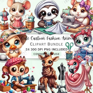 Bundle de clipart animaux mode dessin animé mignon, autocollants de créateurs fantaisistes, Adorable PNG élégant et original pour invitations, usage commercial
