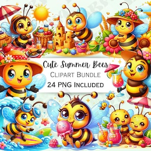 Cute Cartoon Bees Summer Clipart Bundle, Surf Nursery Decor, Beach Baby Wall Art, Icecream PNG, Water infant Shower, 24 Illustrations
