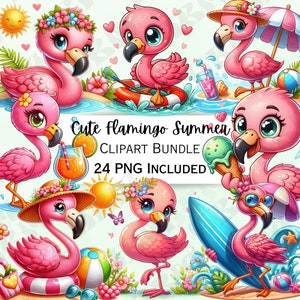 24 Cute Cartoon Flamingo Summer Clipart Bundle, Surf Nursery Decor, Beach Baby Wall Art, Icecream PNG, Water infant Shower