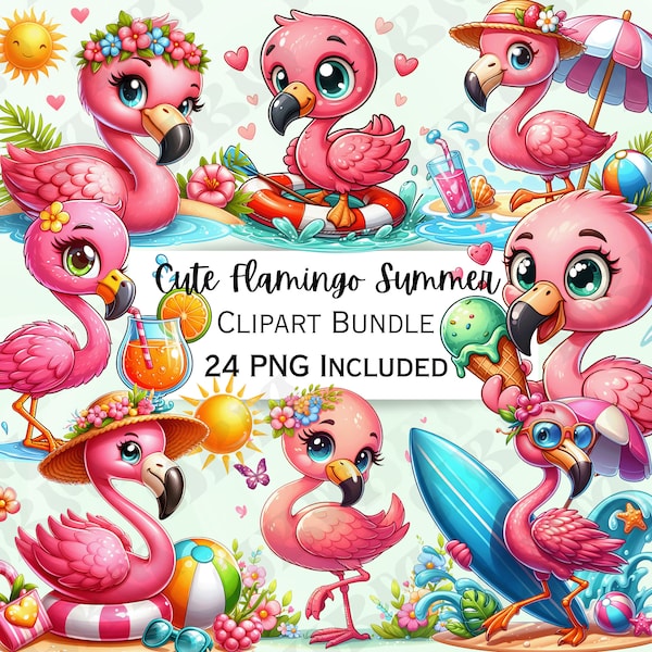 24 Cute Cartoon Flamingo Summer Clipart Bundle, Surf Nursery Decor, Beach Baby Wall Art, Icecream PNG, Water infant Shower