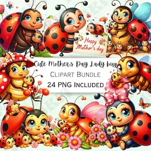 24 simpatici pacchetti di clipart Lady Bug per la festa della mamma, adesivi per insetti dei cartoni animati, adorabili decorazioni per le feste, PNG stravaganti per inviti, cartoline