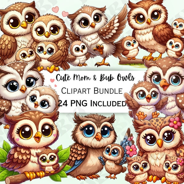 24 Cute Mom & Bub Owls Clipart Bundle, Cartoon Balloon Sticker, Adorable Party Decorations, Whimsical PNG for invitations, cards