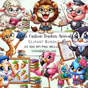 Lindo paquete de imágenes prediseñadas de animales de dibujos animados para maestros, pegatinas divertidas para educadores, adorables y extravagantes imágenes PNG para aulas para invitaciones, uso comercial