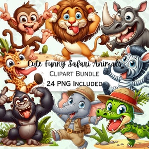 Lindo y divertido paquete de imágenes prediseñadas de animales de safari de dibujos animados, pegatina de león, adorables decoraciones de la selva, PNG caprichoso para invitaciones, tarjetas de felicitación