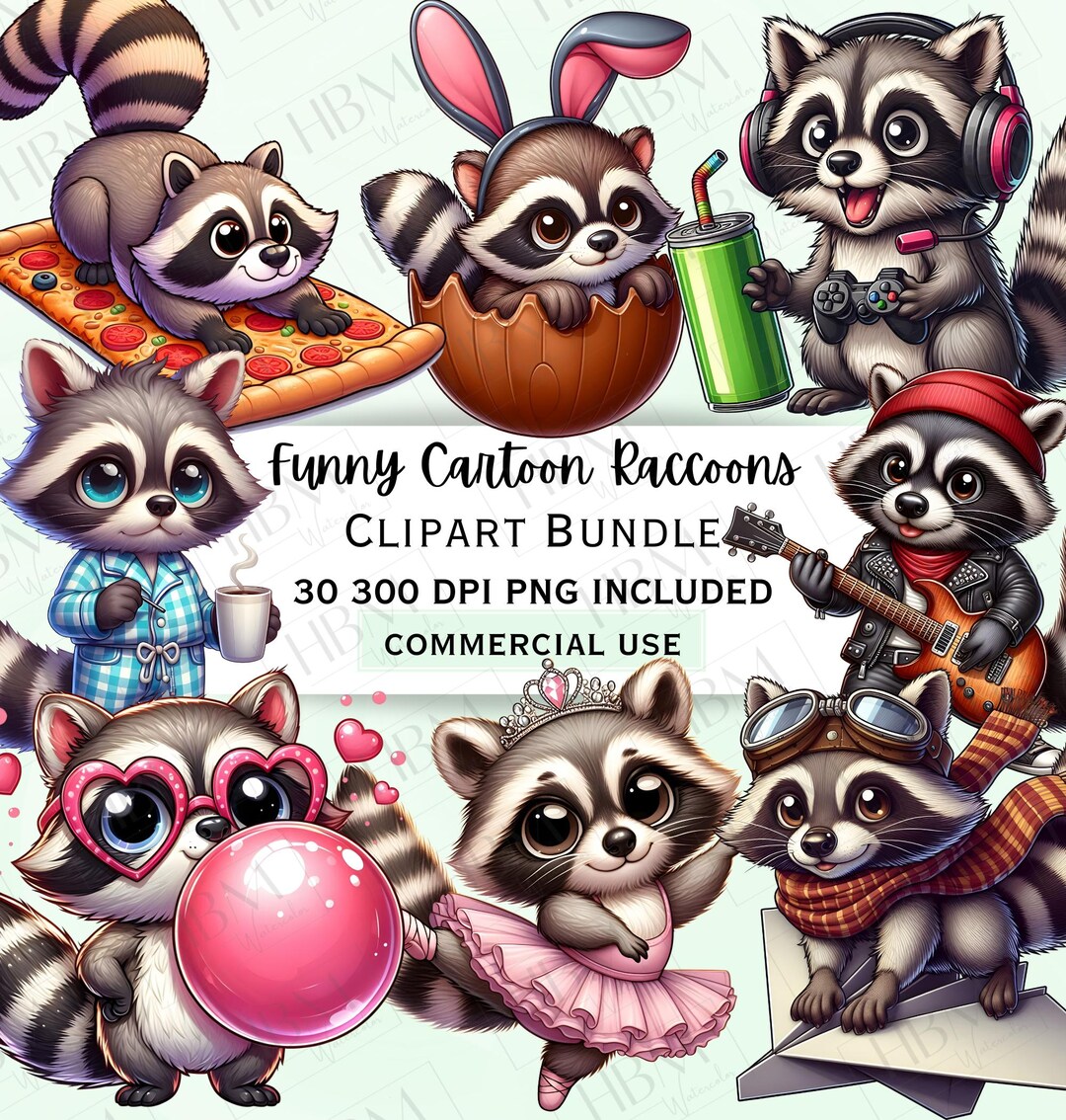 Funny Quirky Raccoons Clipart Bundle, Cute Cartoon Animal Graphics ...