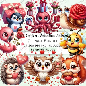 Bundle de clipart animaux de la Saint-Valentin dessin animé, sticker girafe drôle, adorable graphique Kawaii PNG pour faire-part, usage commercial