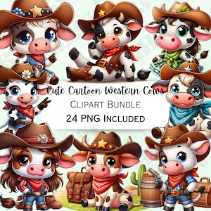 May include: A set of 24 digital clipart images featuring cute cartoon western cows wearing cowboy hats and bandanas. The cows are in various poses and expressions, with some holding accessories like a lasso or a bucket. The images are perfect for creating fun and whimsical designs for crafts, scrapbooking, or digital projects.