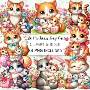 24 lindo paquete de imágenes prediseñadas de gatos del día de la madre, pegatina de globo de dibujos animados de gatito, decoraciones de fiesta adorables, PNG caprichoso para invitaciones, tarjetas