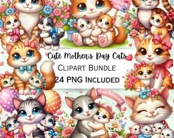 24 lindo paquete de imágenes prediseñadas de gatos del día de la madre, pegatina de globo de dibujos animados de gatito, decoraciones de fiesta adorables, PNG caprichoso para invitaciones, tarjetas