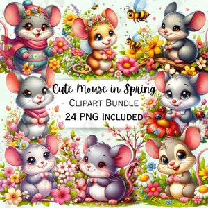 Cute Cartoon Spring Mouse Clipart Bundle, Cheerful Nursery Decor, Flower Baby Wall Art, Floral infant Shower, 24 Mice PNG Illustrations