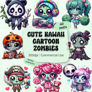 Cute Kawaii Zombie Clipart Bundle, Funny Halloween PNG, Pastel Undead Sublimation Graphics, Adorable Spooky Art, Commercial Use
