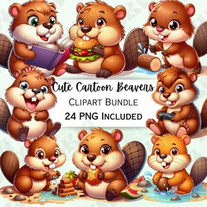 May include: A set of 24 cartoon beaver clipart images. The beavers are depicted in various activities, such as reading, eating a hamburger, playing video games, and holding a log. The clipart images are in PNG format and are perfect for use in digital projects.