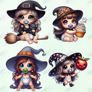 Cute Cartoon Baby Witches Clipart Bundle, Magical Witchy Art, Kawaii Halloween Art, Adorable Whimsical Broomstick PNG, Commercial Use image 10