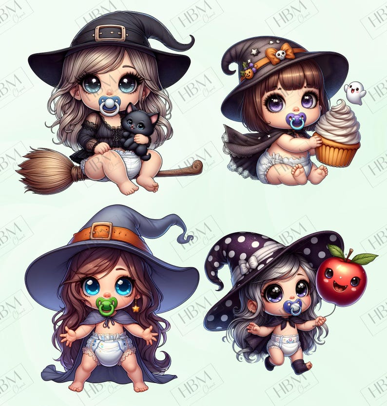 Cute Cartoon Baby Witches Clipart Bundle, Magical Witchy Art, Kawaii Halloween Art, Adorable Whimsical Broomstick PNG, Commercial Use image 10