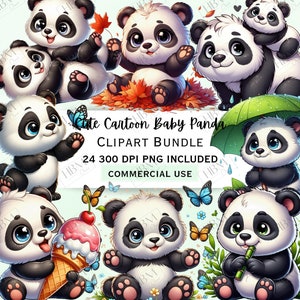 Niedliches Cartoon Baby Panda Clipart Bundle, spielerischer Kawaii Bär Aufkleber, entzückendes Tier PNG für Einladungen, wunderliche Wildtiere, kommerzielle Nutzung