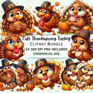 Cute Cartoon Thanksgiving Turkey Clipart Bundle, Fall Printables, Leaves Wall Art, Pumpkin PNG for Season Invitations, Commercial Use