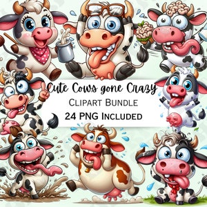 Puede incluir: Un conjunto de 24 imágenes de clipart digital que presentan vacas de dibujos animados lindas con varias expresiones y poses. Las vacas son todas blancas con manchas negras y tienen ojos grandes, narices rosadas y lenguas rojas. El texto "Cute Cows gone Crazy CLIPART BUNDLE 24 PNG INCLUDED" se muestra en el centro de la imagen.