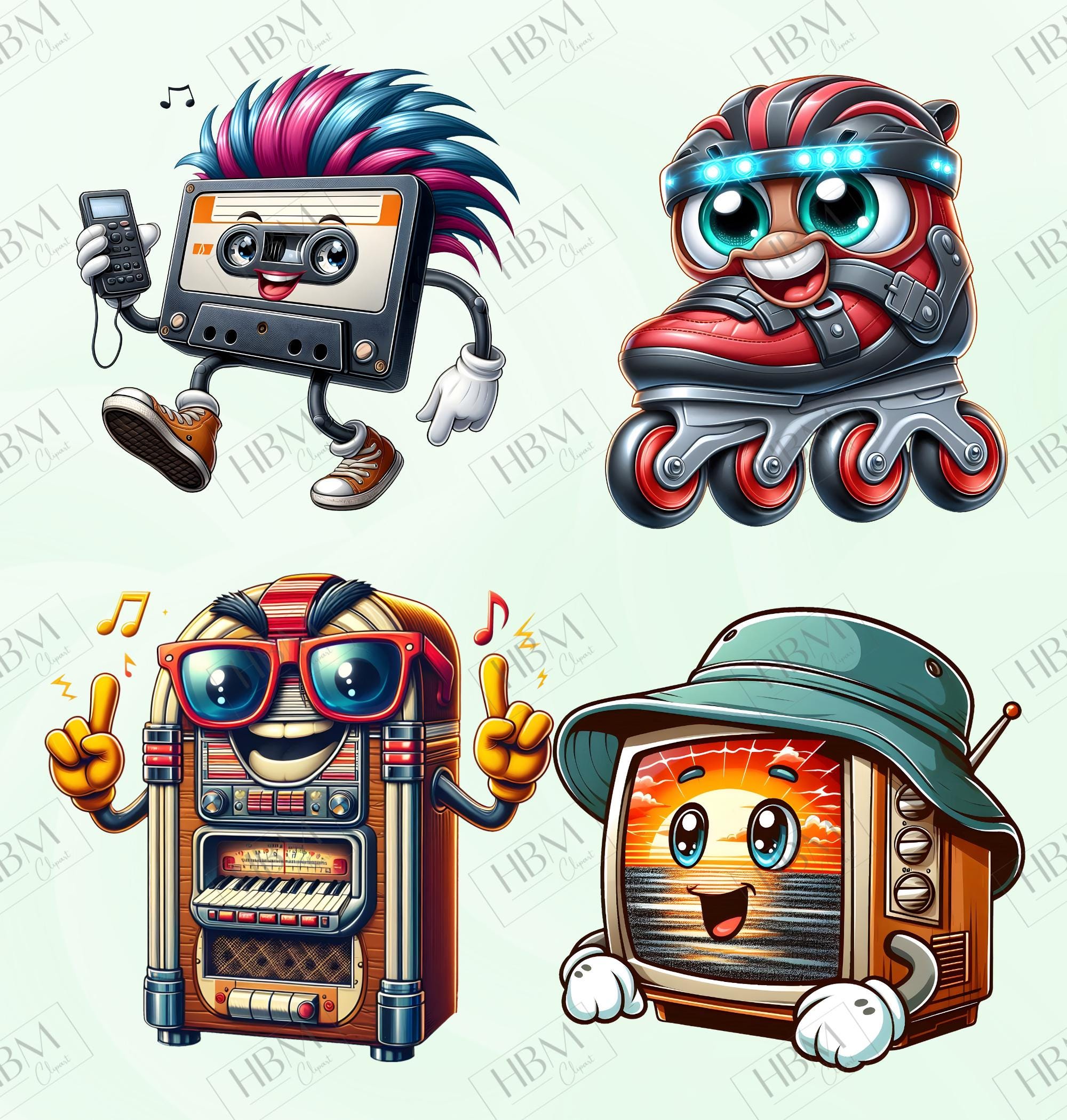 Retro Cartoon Characters Clipart Bundle, Cute 80s Nostalgic PNG