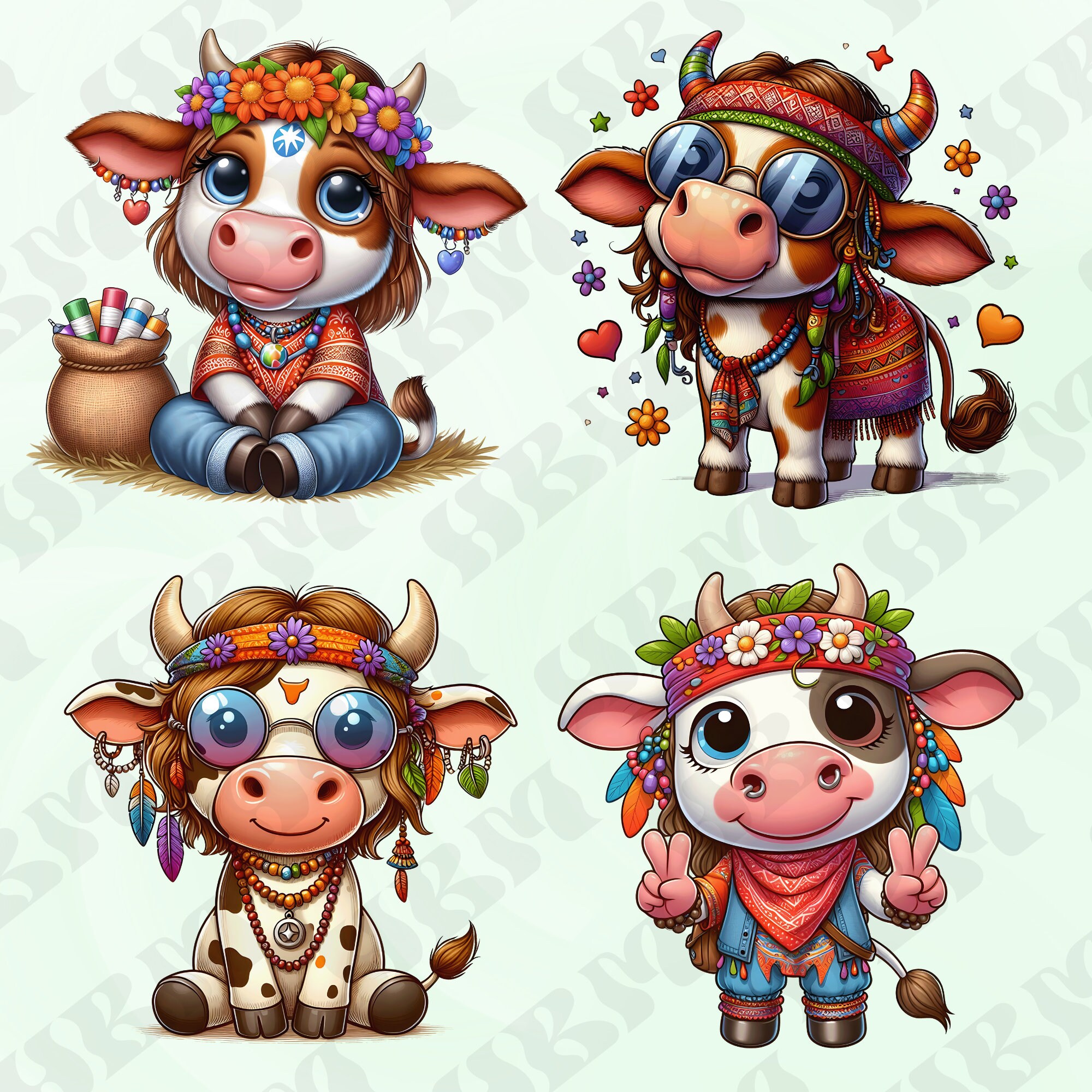 Cute Cartoon Hippie Cows Clipart Bundle Bull Stickers Adorable Wall Cute Cartoon Hippie Cows Clipart Bundle Bull Stickers Adorable Wall