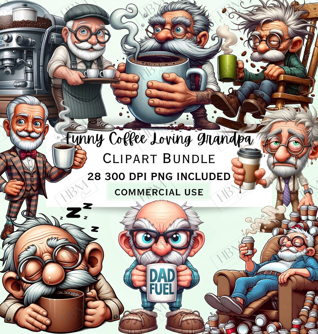 Funny Coffee Grandpa Clipart Bundle, Sassy Senior PNG Bundle, Quirky ...