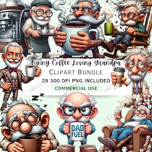 Bundle de cliparts grand-père café drôle, Bundle PNG impertinent Senior, graphismes décalés vieil homme rétro, PNG fantaisiste pour les invitations, usage Commercial