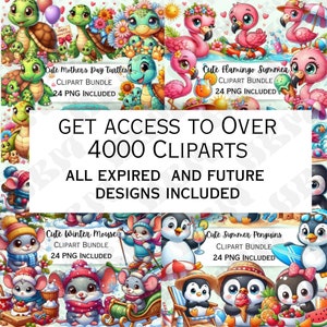 May include: A collage of four images featuring cute animal clipart bundles. The top left image shows a group of turtles with the text "Cute Mother's Day Turtles! CLIPART BUNDLE 24 PNG INCLUDED". The top right image shows a group of flamingos with the text "Cute Flamingo Summer CLIPART BUNDLE 24 PNG INCLUDED". The bottom left image shows a group of mice with the text "Cute Winter Mouse CLIPART BUNDLE 24 PNG INCLUDED". The bottom right image shows a group of penguins with the text "Cute Summer Penguins CLIPART BUNDLE 24 PNG INCLUDED". The text "GET ACCESS TO OVER 4000 CLIPARTS ALL EXPIRED AND FUTURE DESIGNS INCLUDED" is displayed in the center of the collage.