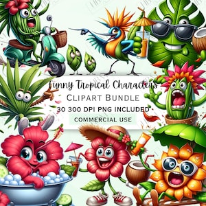 Bundle de cliparts drôles de plantes tropicales, personnages de dessins animés de la jungle PNG, Graphismes numériques originaux d'été, image transparente, usage Commercial